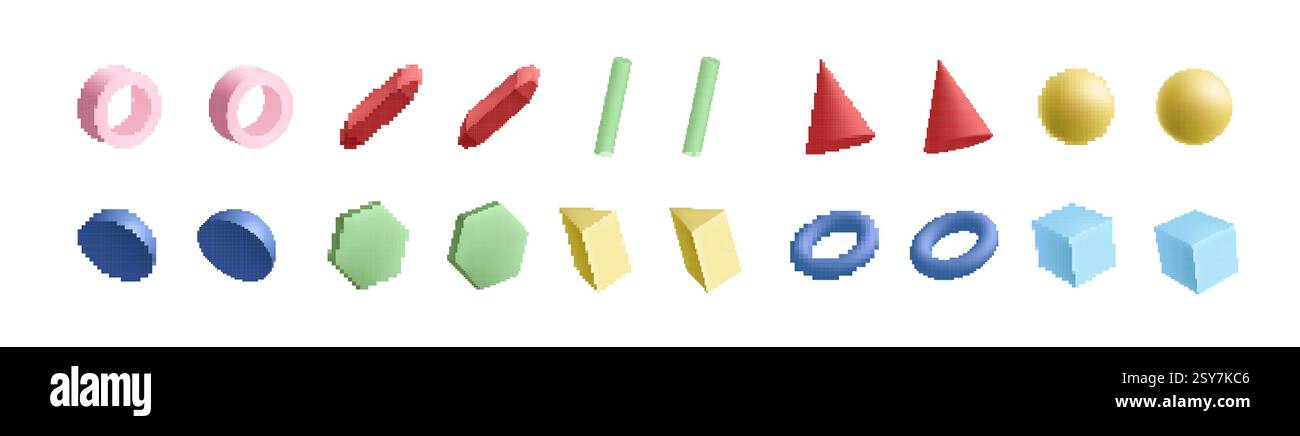 Colorful geometric shapes of various forms including cones and spheres ...