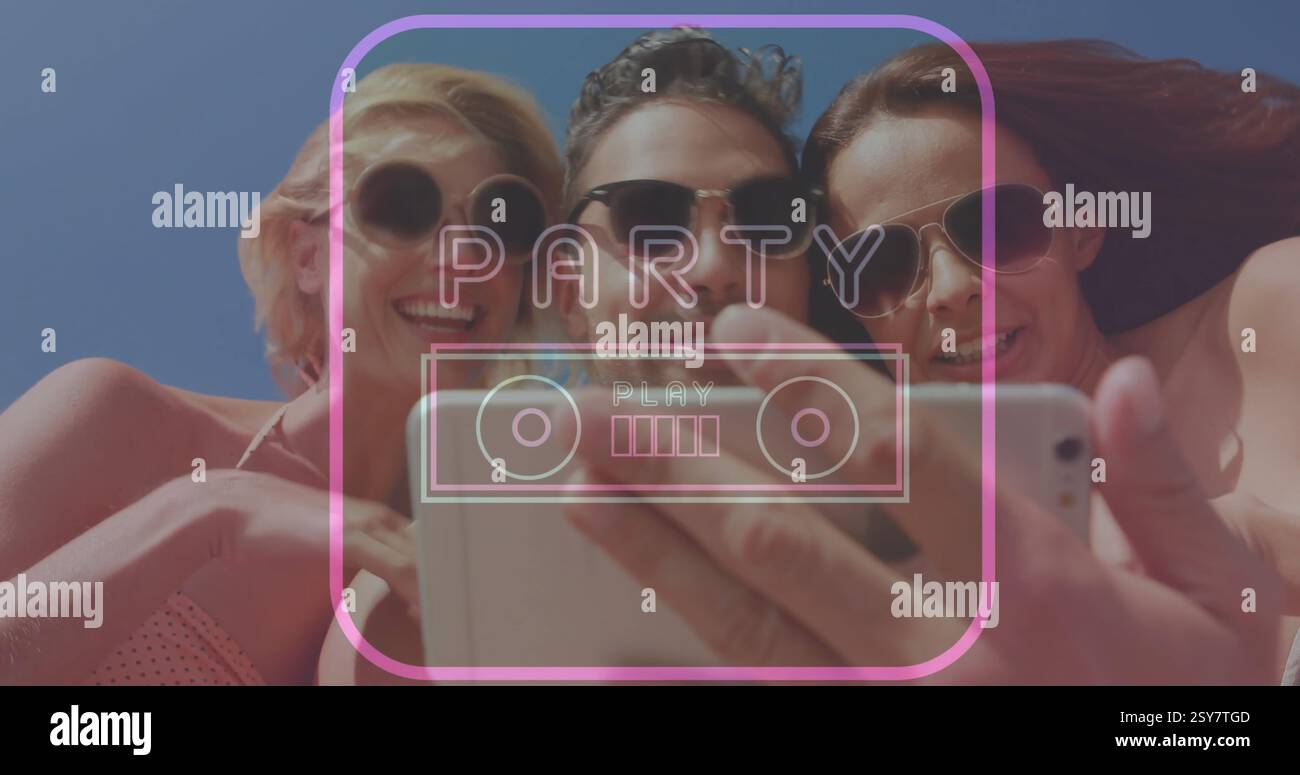 Party text image over friends taking selfie outdoors Stock Photo