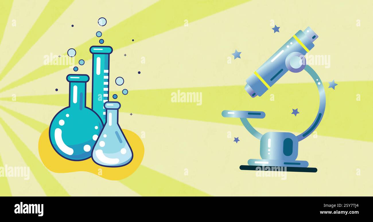 Laboratory equipment and microscope image over yellow background with ...