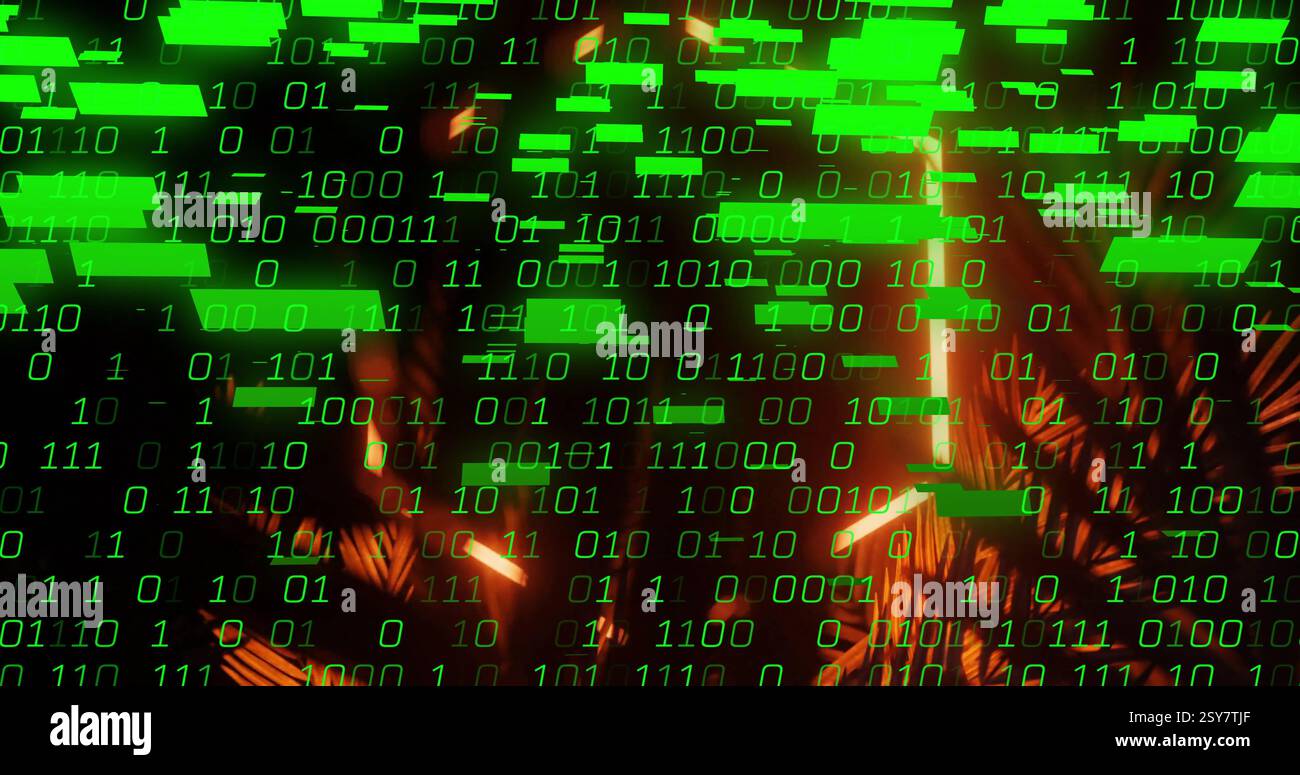Binary code image over neon lights and abstract shapes Stock Photo