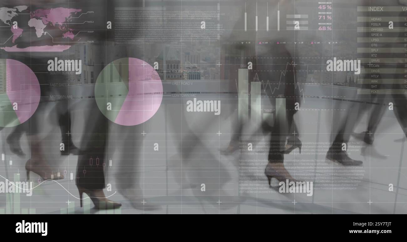 Financial data charts and graphs image over cityscape background Stock Photo