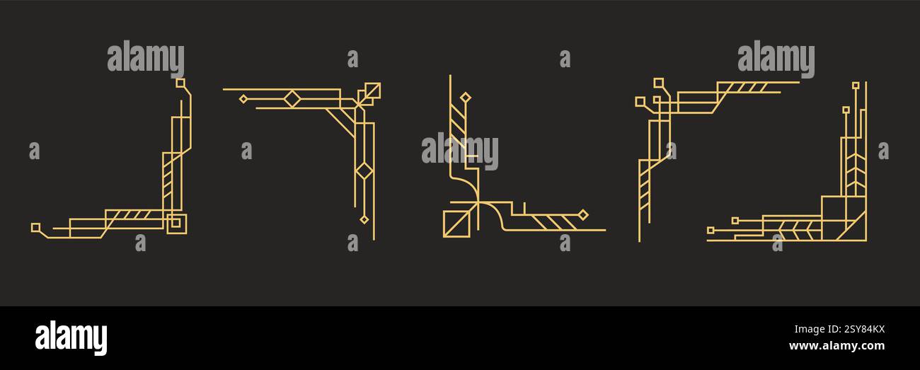 Art Deco Line Gold Corners Frames Borders Set Stock Vector
