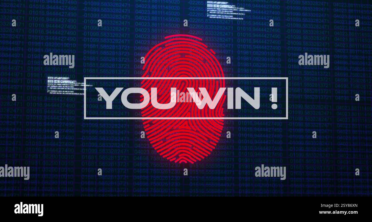 Image of you win text and fingerprint over data processing Stock Photo