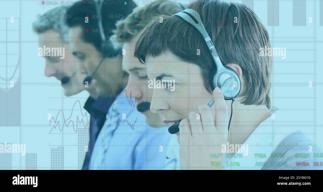 Image of data processing and diagrams over diverse colleagues using phone headset Stock Photo
