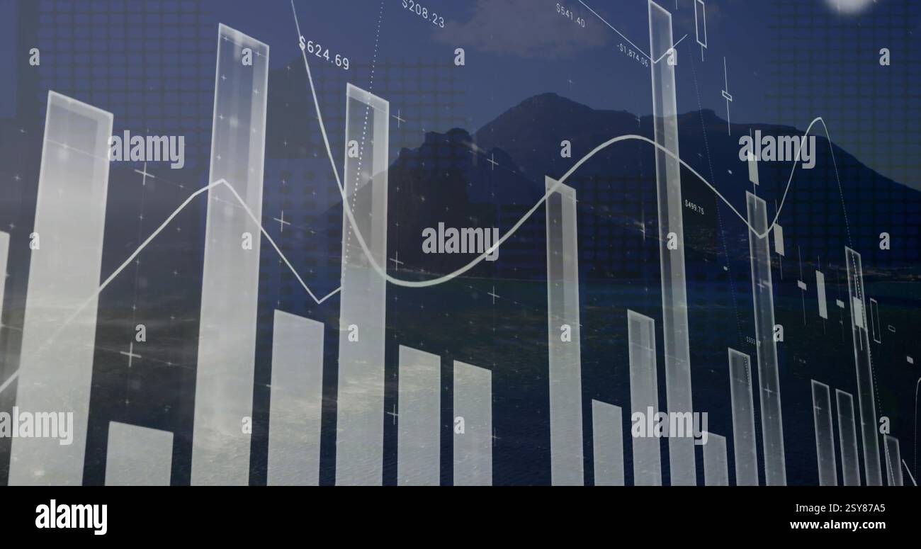 Image of financial data processing over landscape Stock Photo