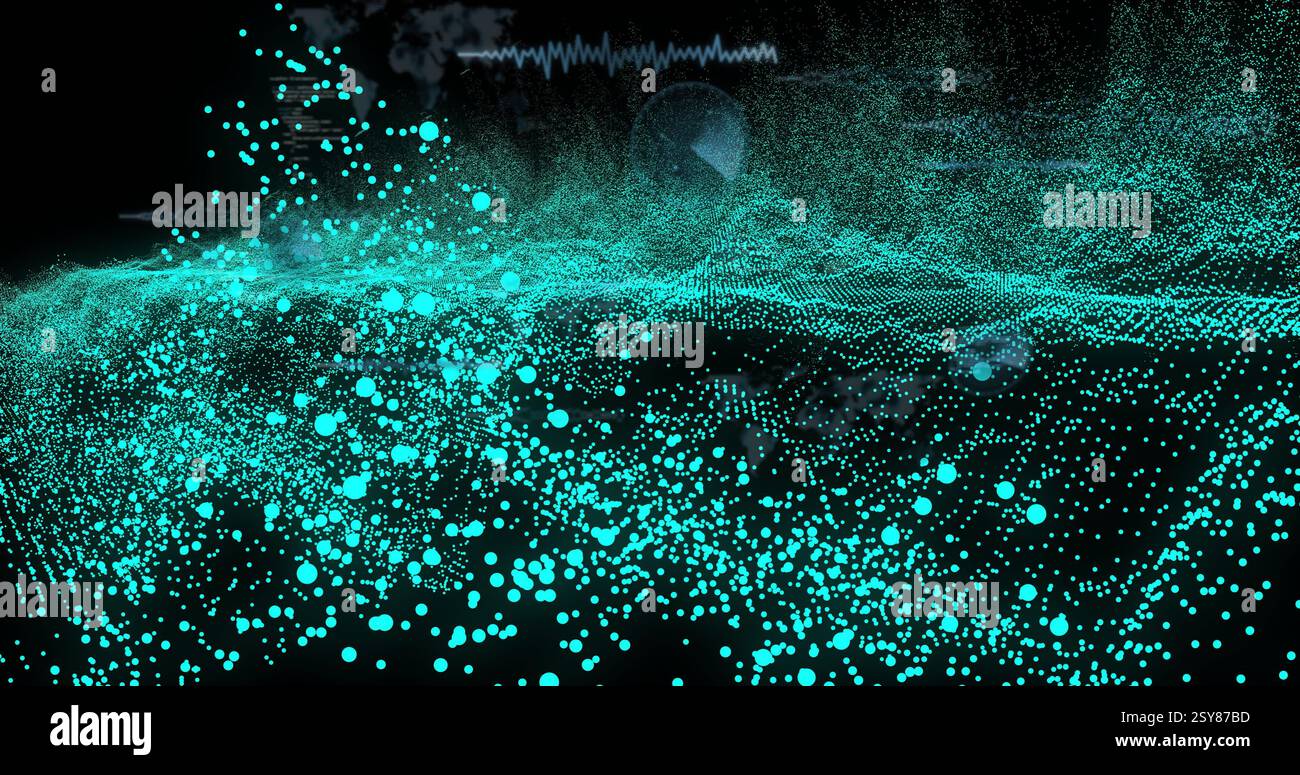 Image of blue spots over data processing on black background Stock Photo