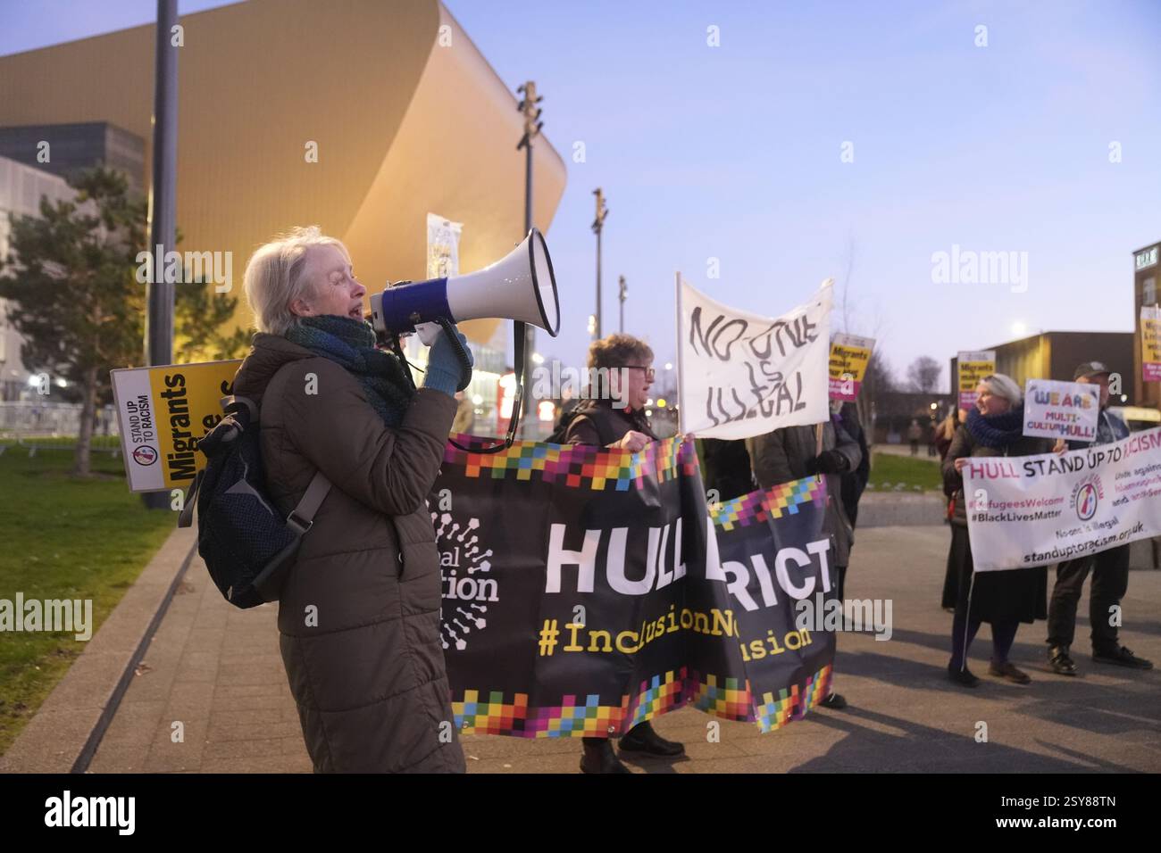 Hull Protesters People take part in a protest outside Connexin Live, Hull, where Reform ...