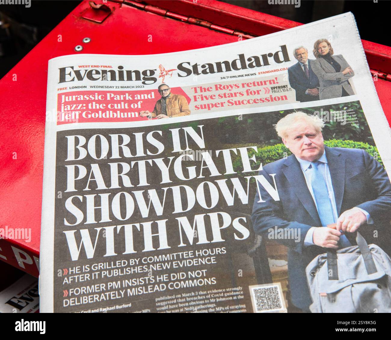 London, UK - March 23rd 2023: An Evening Standard front page about Boris Johnson being quizzed during the Partygate Enquiry. Stock Photo