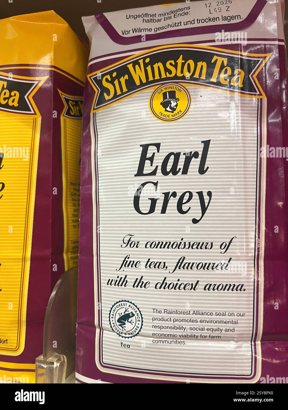 Large pack of Earl Grey tea by Sir Winston Tea on supermarket shelf, German premium tea brand, grocery store tea packaging, shopping, consumerism - Smartphone Captured Stock Image