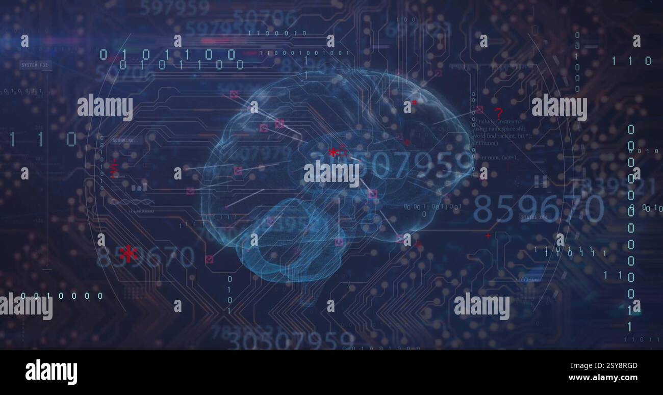 Image of data processing with digital brain over computer circuit board on black background Stock Photo