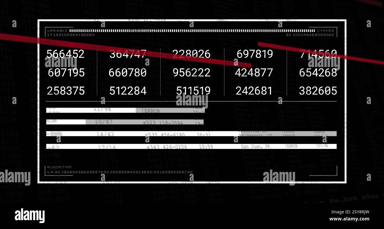 Image of red lines over numeric data processing on black background Stock Photo