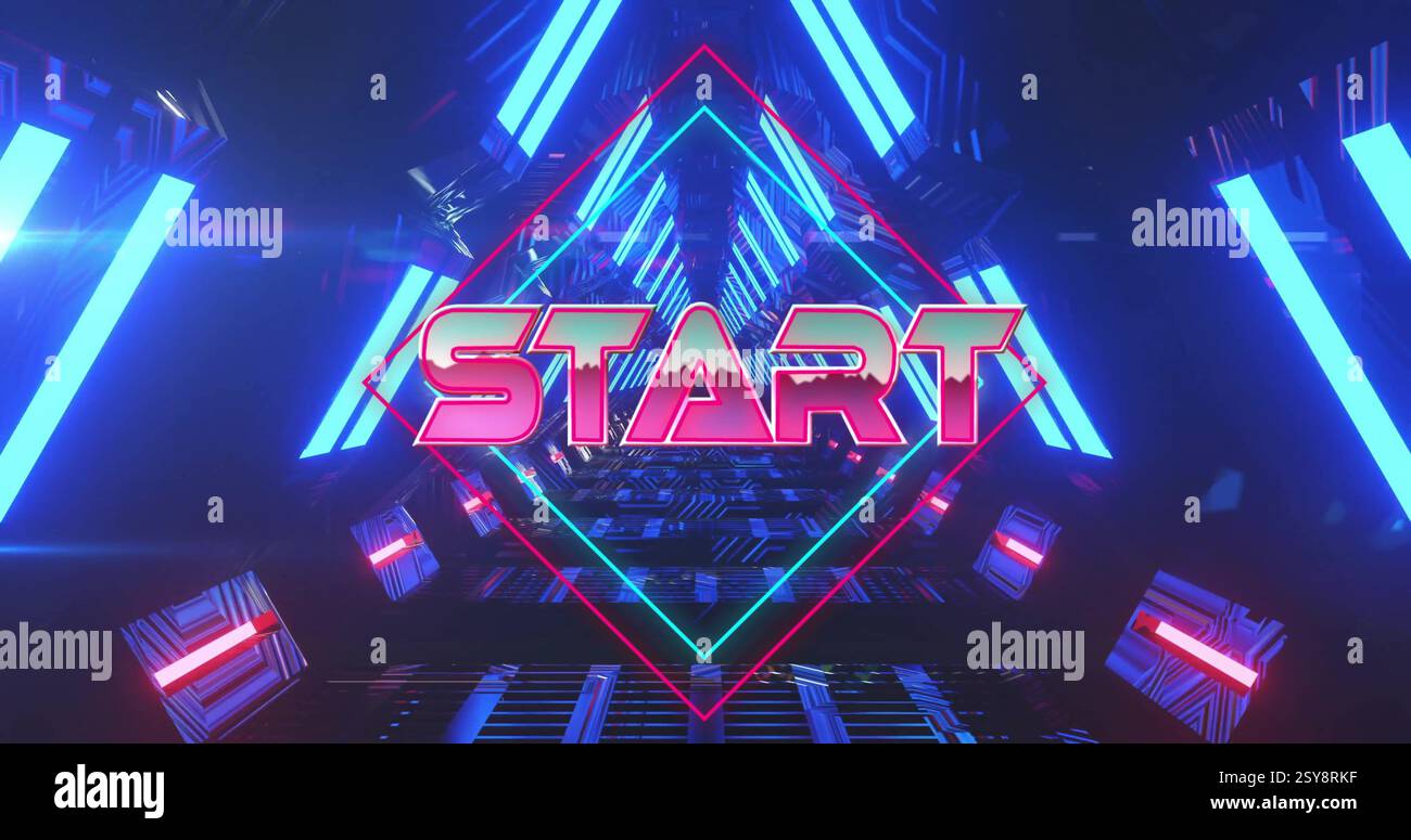 Image of start text over neon pattern background Stock Photo