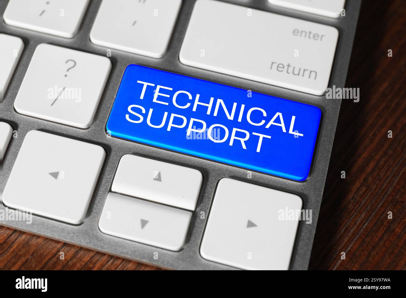 Technical Support button blue on computer keyboard, closeup Stock Photo