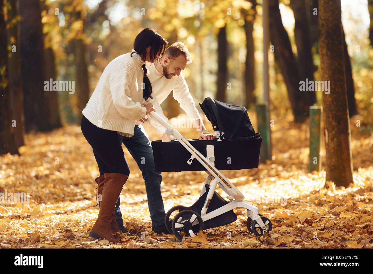 Beautiful parents is in the forest with pram having a walk Stock Photo ...