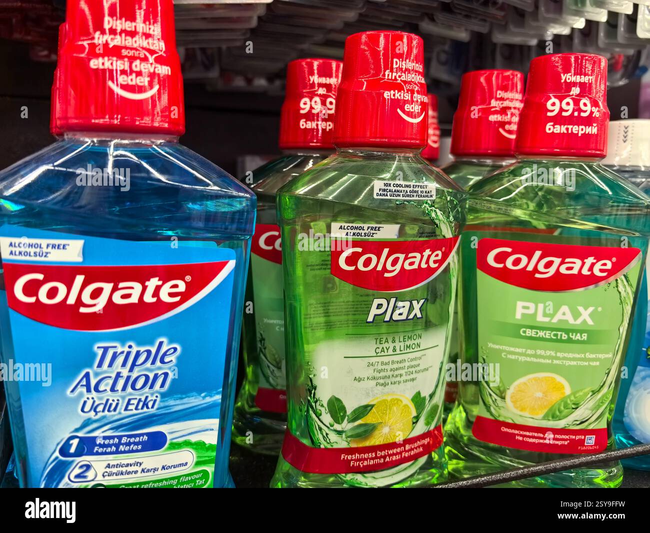 Different Colgate Bobruisk, Belarus - February 18, 2025: Shelf filled with various ...
