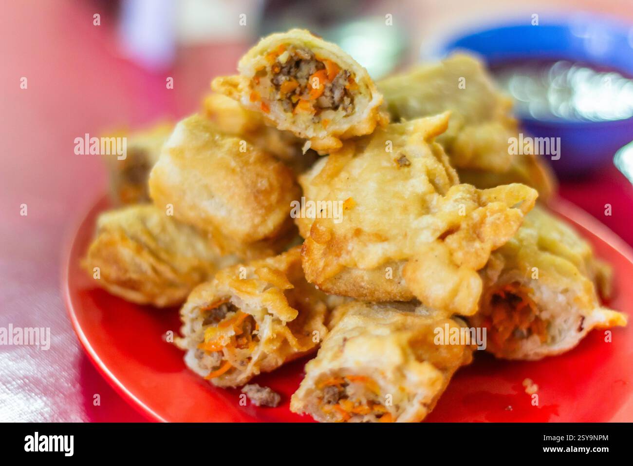 Chopped fried lumpia served on a plate at a local restaurant in Mindanao, Philippines Stock Photo