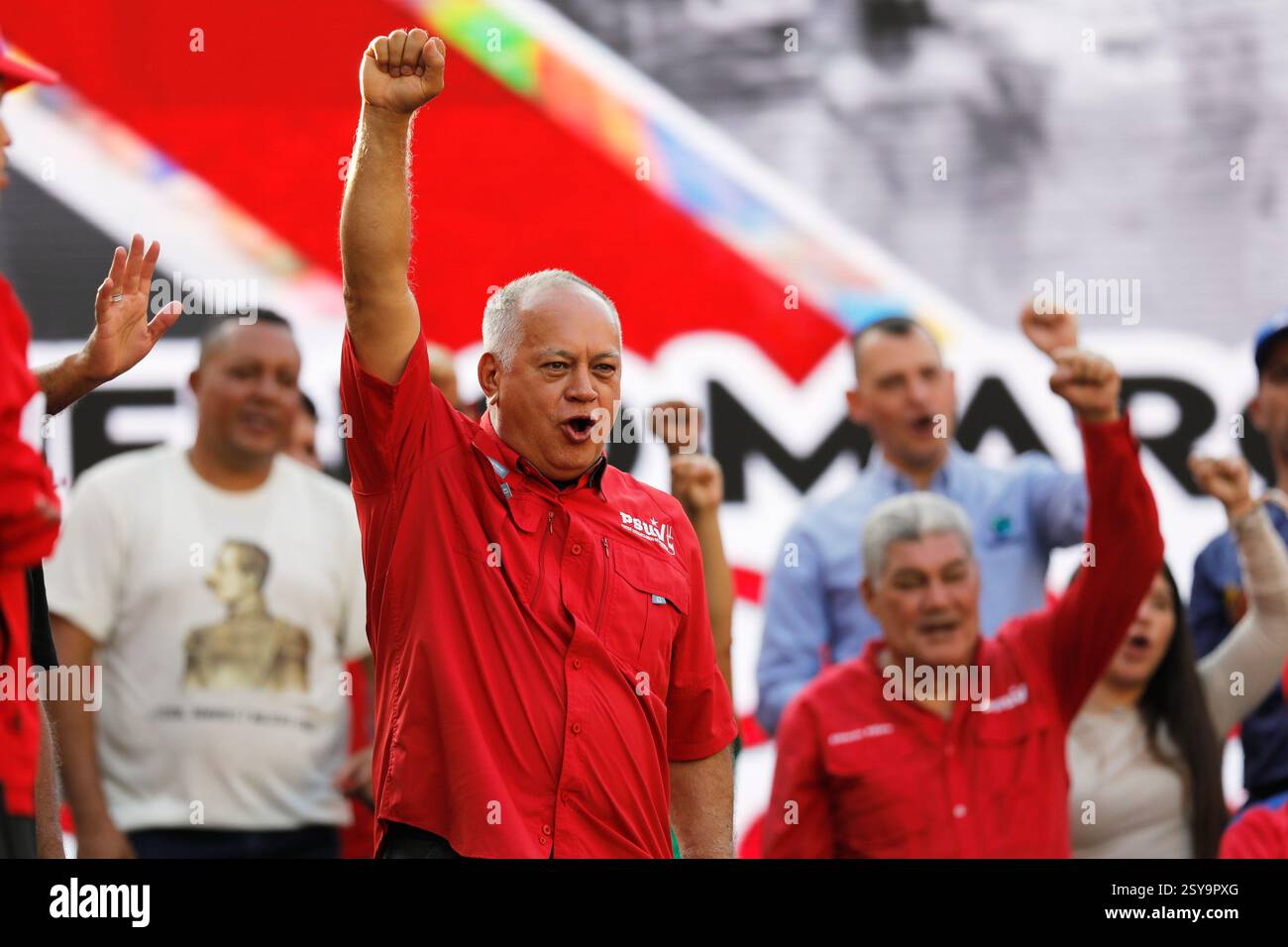 Interior Minister Diosdado Cabello addresses supporters during a pro