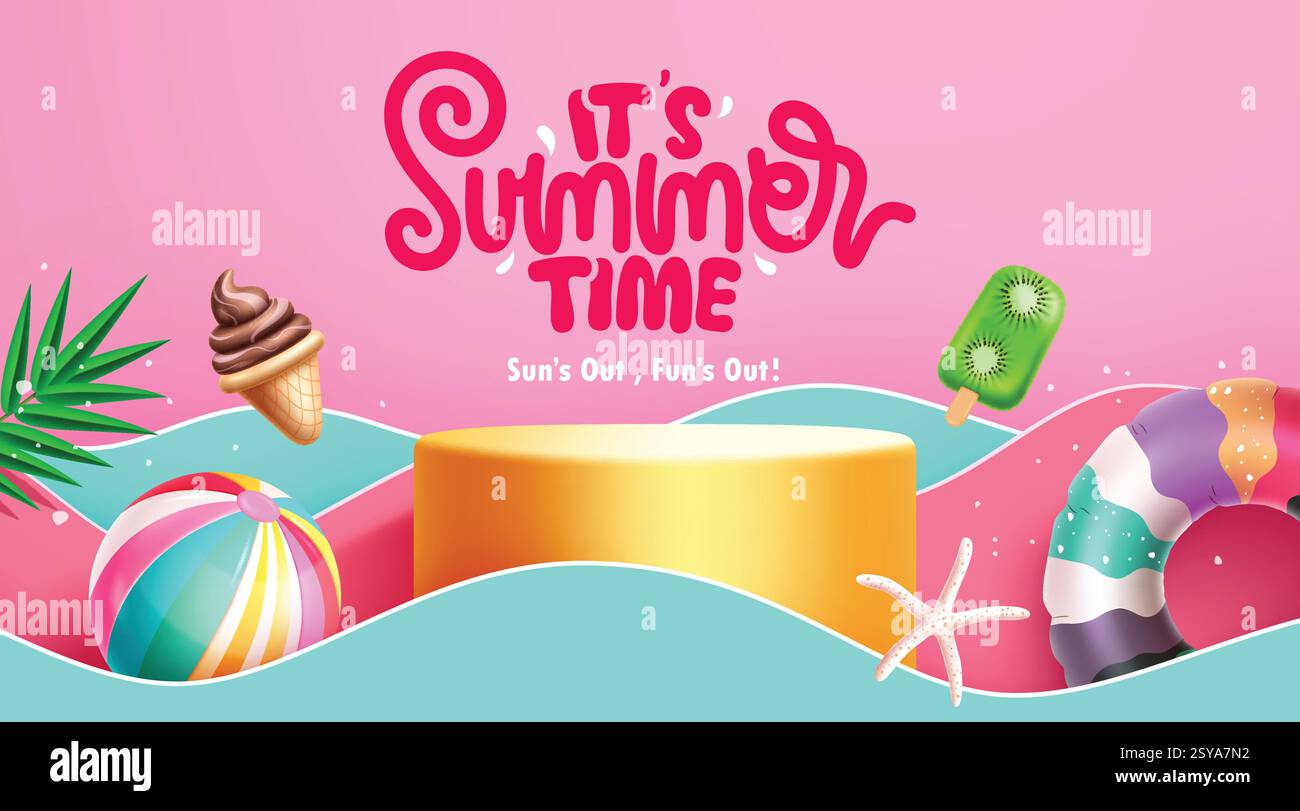 Summer time podium clipart banner design summer time text in paper cut