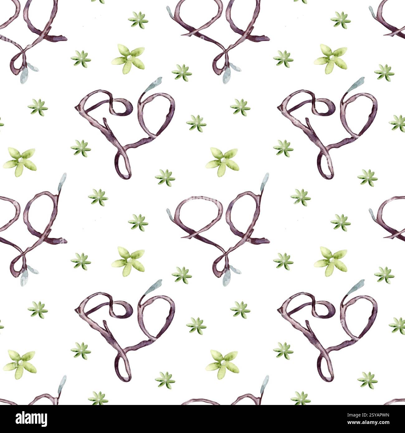 Hearts seamless pattern of watercolor twigs and simple flowers painted ...
