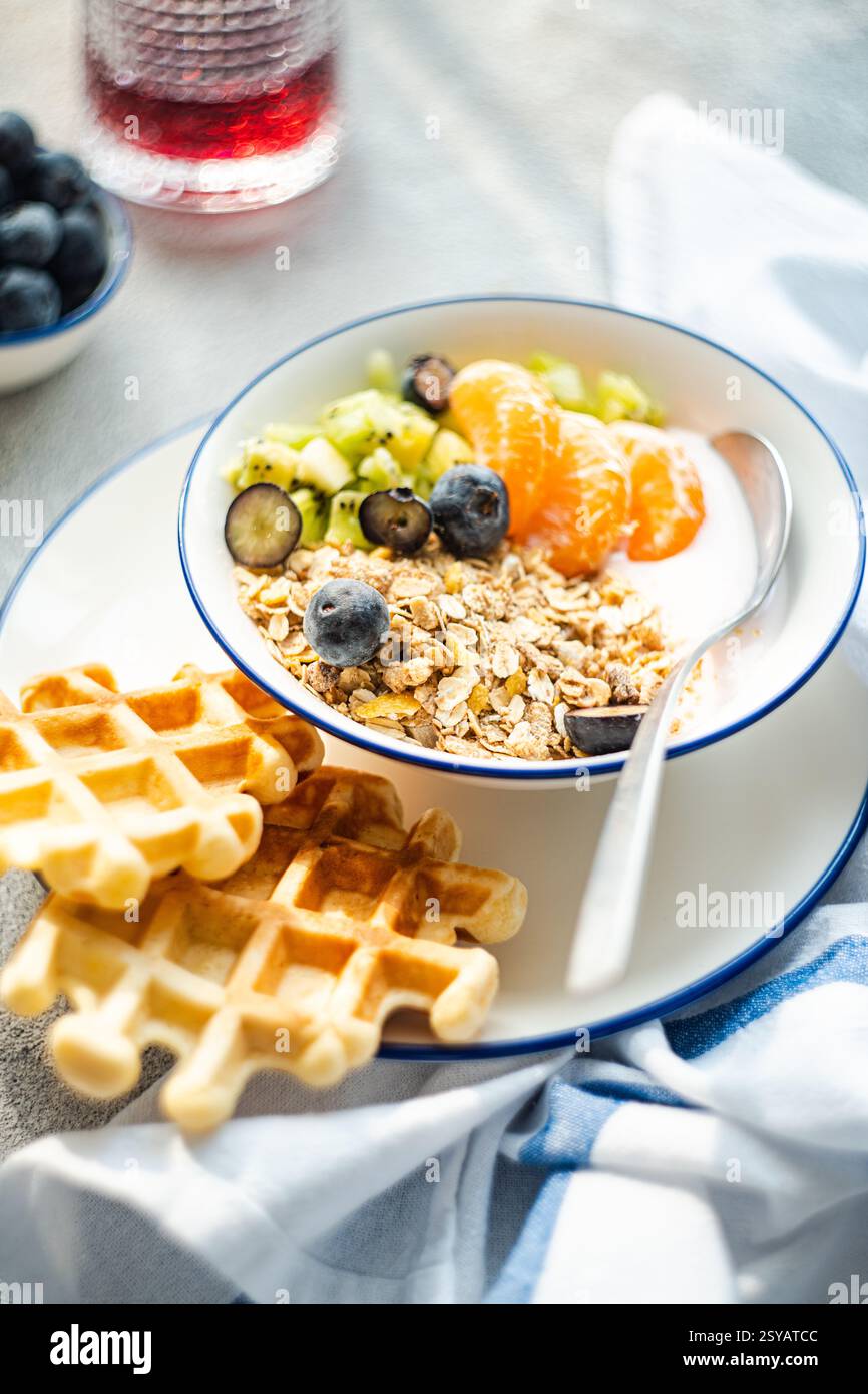 A nutritious breakfast bowl filled with granola, yogurt, blueberries, kiwi, and tangerine slices, accompanied by crispy waffles, served on a white pla Stock Photo