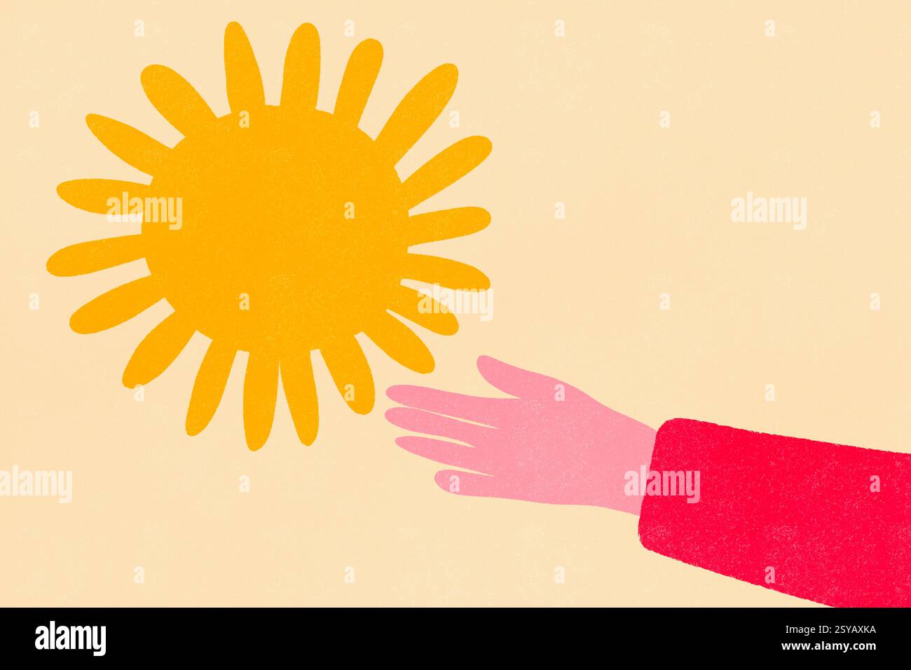 A vibrant illustration featuring a hand extending from a red sleeve, reaching towards a large, textured sun on a pastel background. Stock Photo