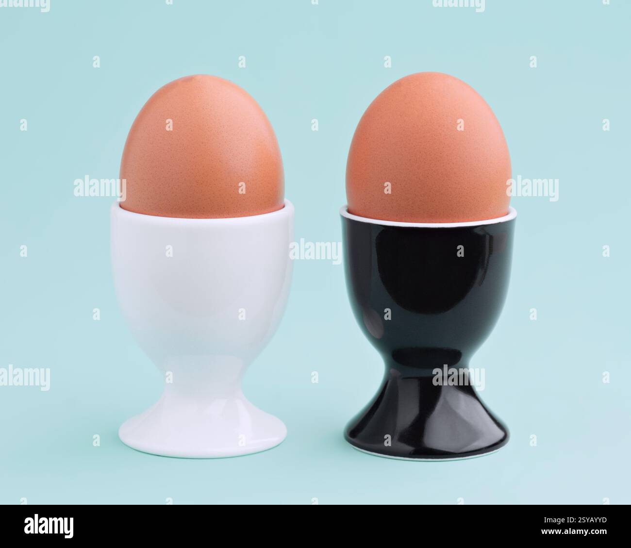 Two brown eggs sit in elegant black and white egg cups against a soft blue background, presenting a simplistic yet striking visual contrast. Stock Photo