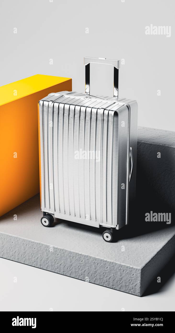 Minimalist Luggage Crate Decor Reference: Vivid Colored Suitcase Stands Prominently On A Minimalist Display
