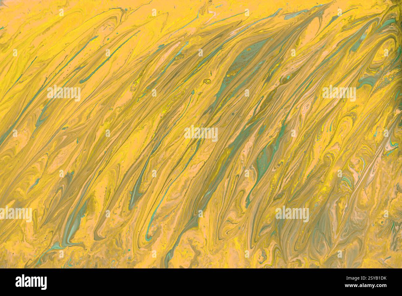 Dynamic abstract acrylic painting featuring yellow and teal swirling patterns, creating a fluid and vibrant visual effect. Perfect for modern art and Stock Photo