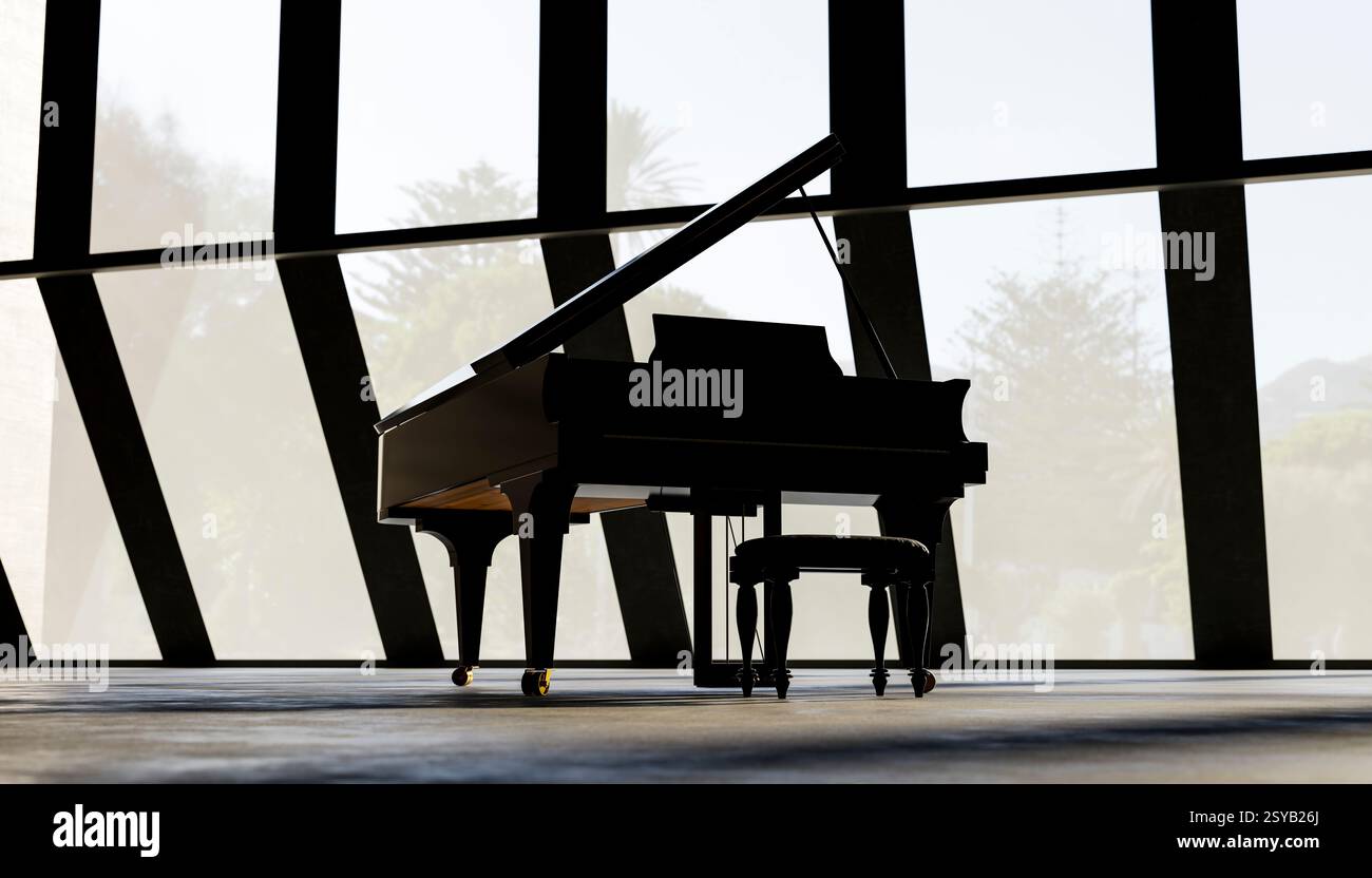 A grand piano stands in an empty, sunlit room with expansive, angular ...