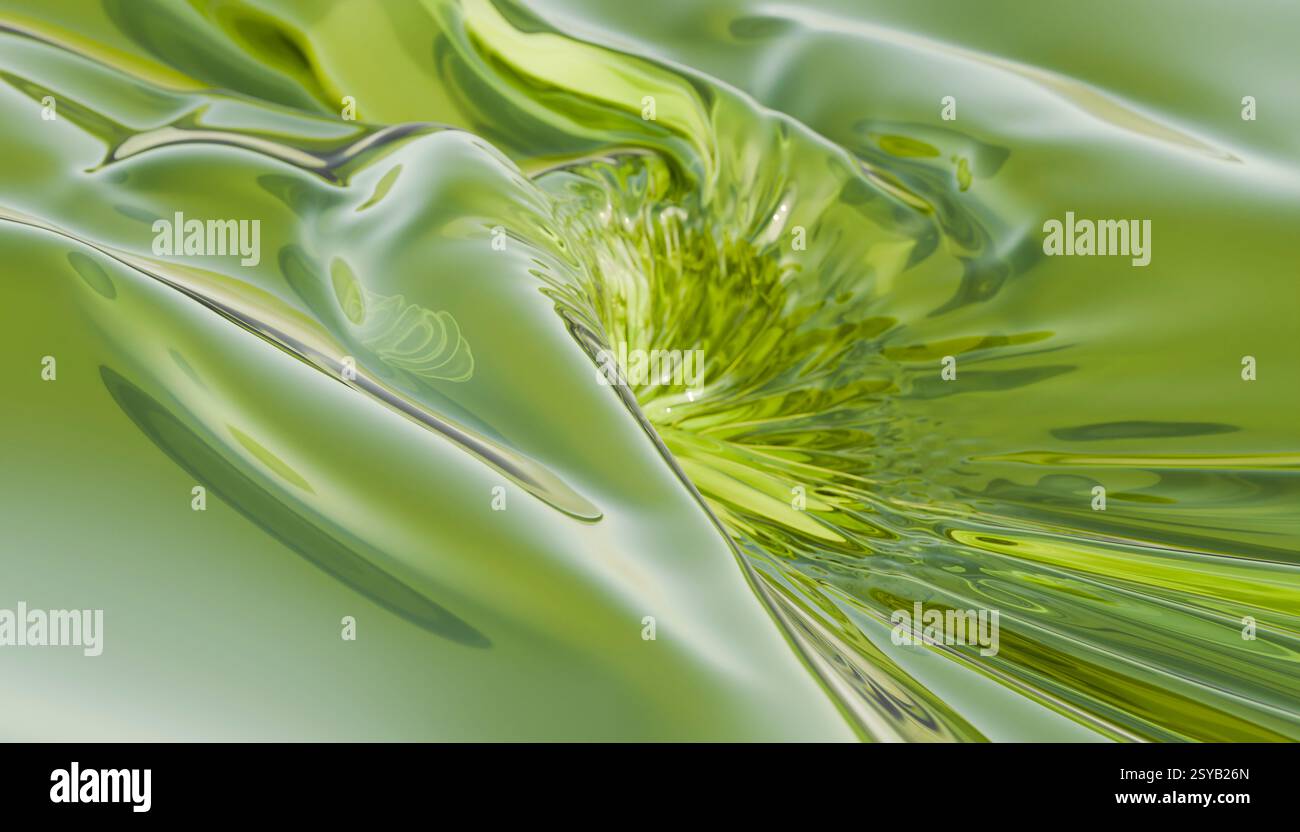 A captivating 3D render illustrating an abstract green liquid texture, featuring smooth, flowing curves. The design creates a sense of fluidity and mo Stock Photo