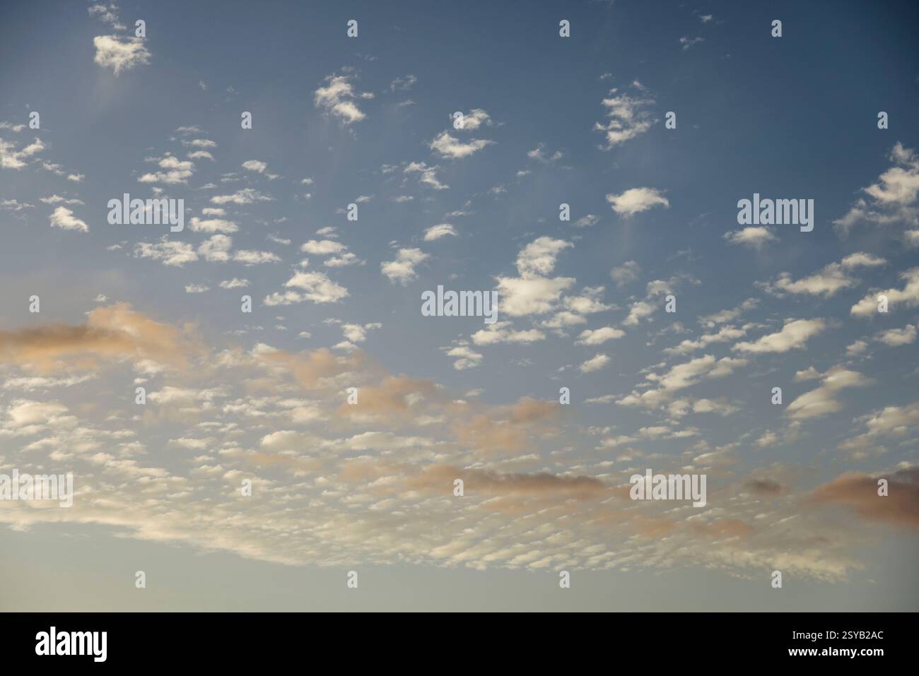 Soft scattered clouds in the sky during dusk. The pastel colors create a dreamy and tranquil atmosphere. Stock Photo