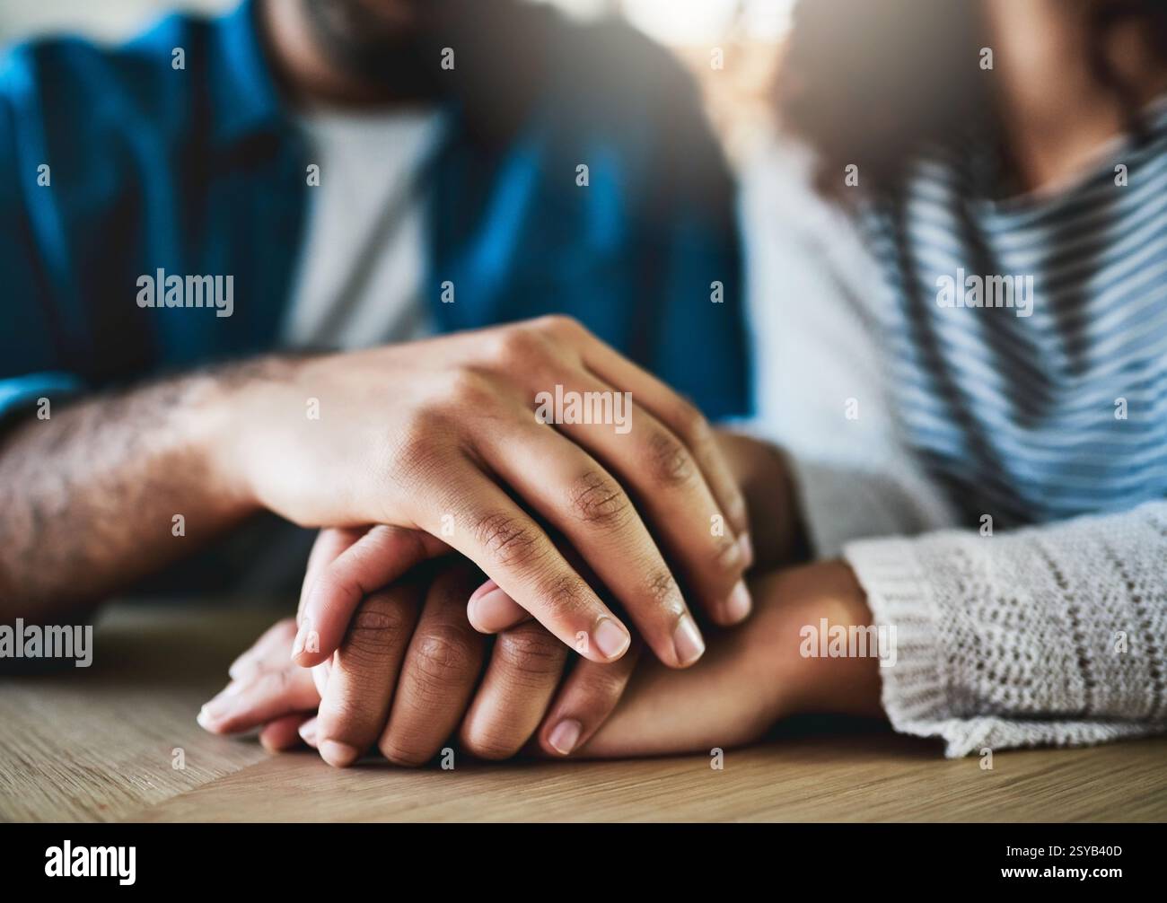 Empathy, couple and holding hands with comfort in home for depression ...