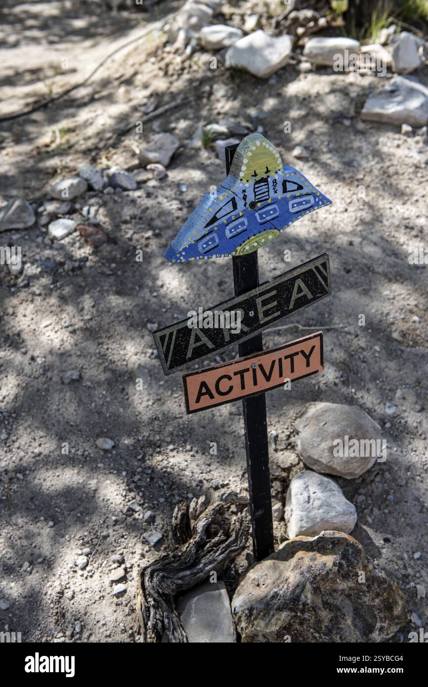Car park sign for UFO, E.T. Fresh Jerky Shop, Extraterrestrial Highway, Rachel, Nevada, USA, North America Stock Photo