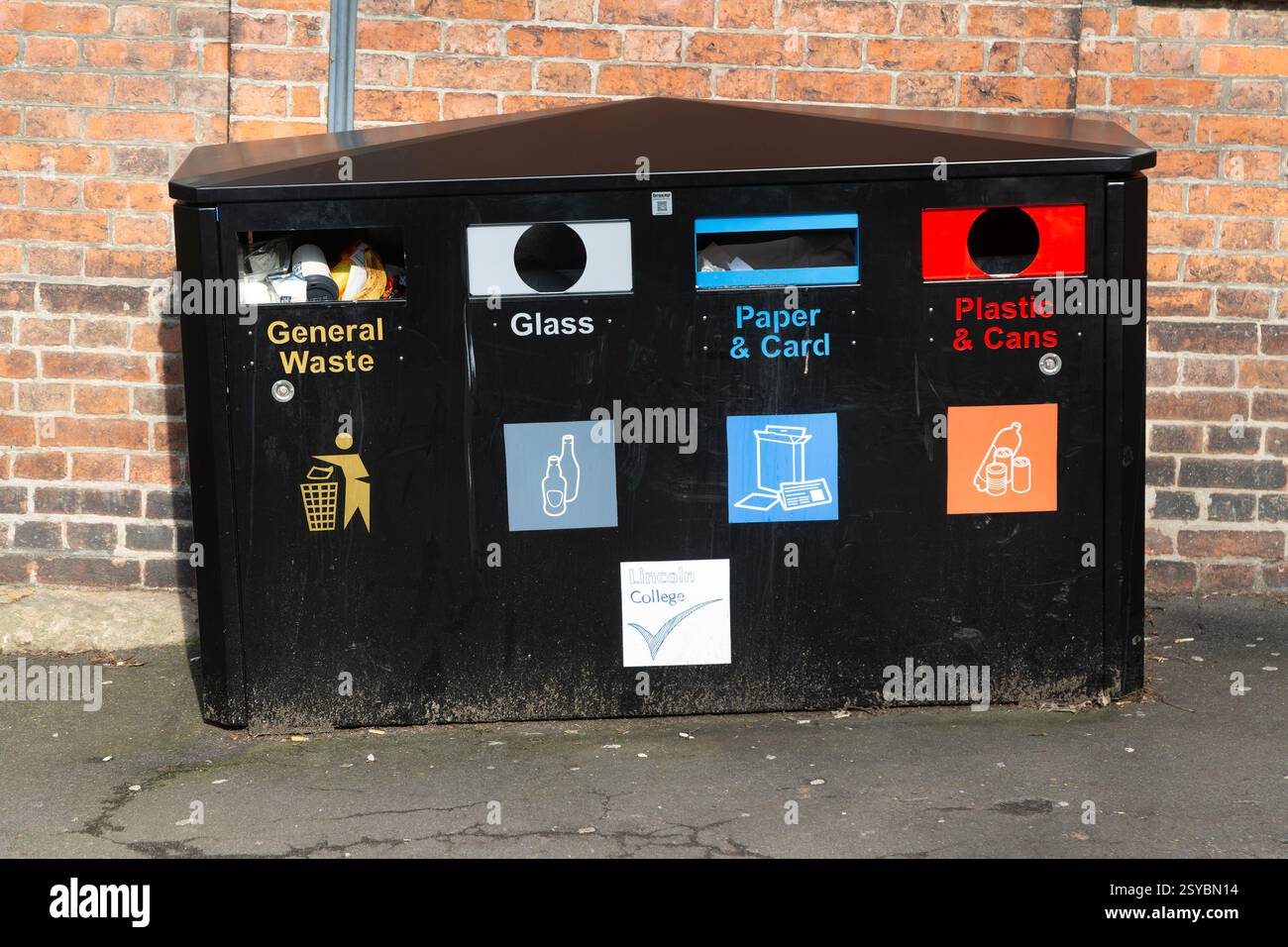 Sorted recycling waste bins, street recycling station, city centre of ...