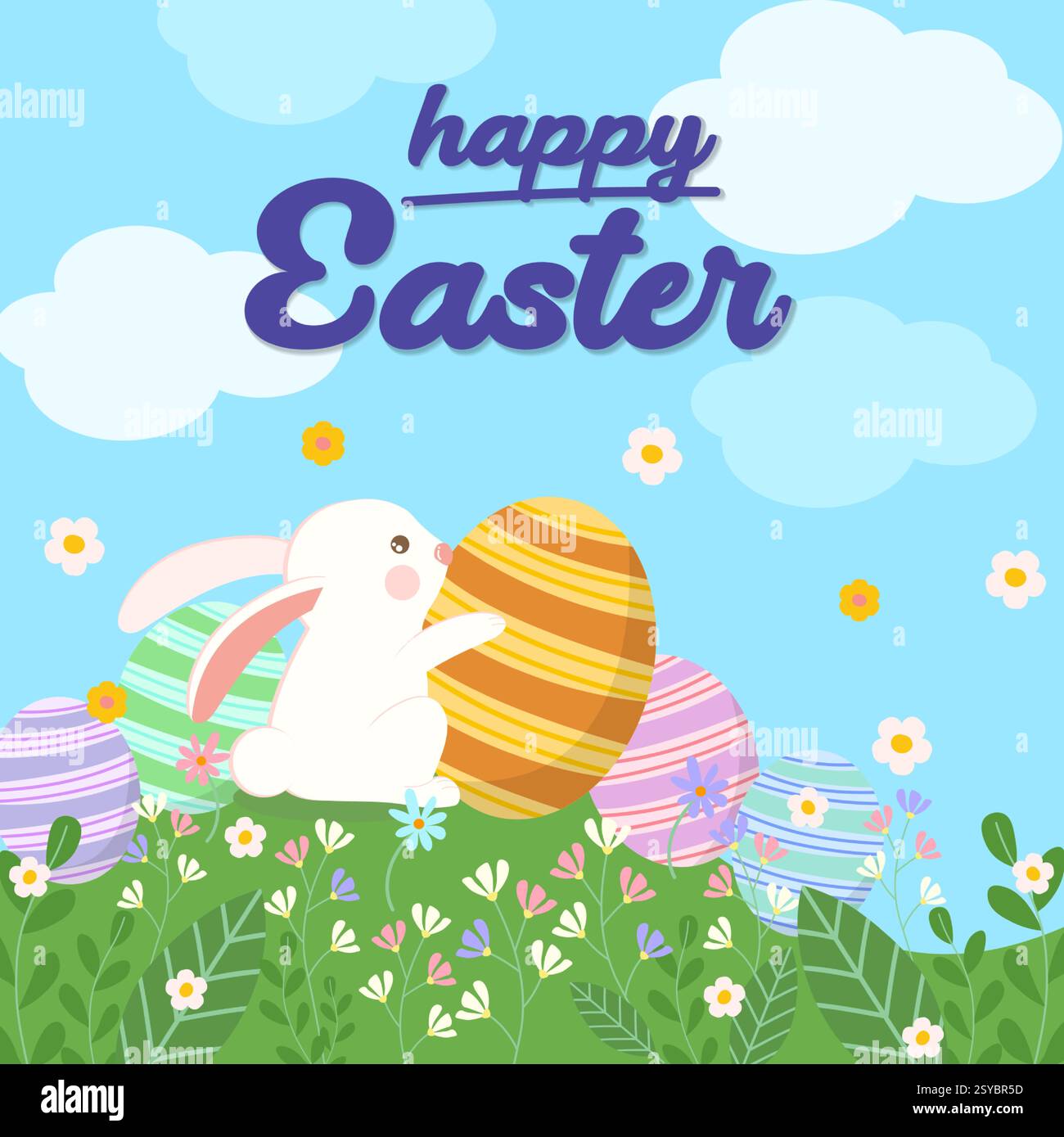 Cute Easter Bunny with Colorful Eggs in Spring Landscape, vector ...