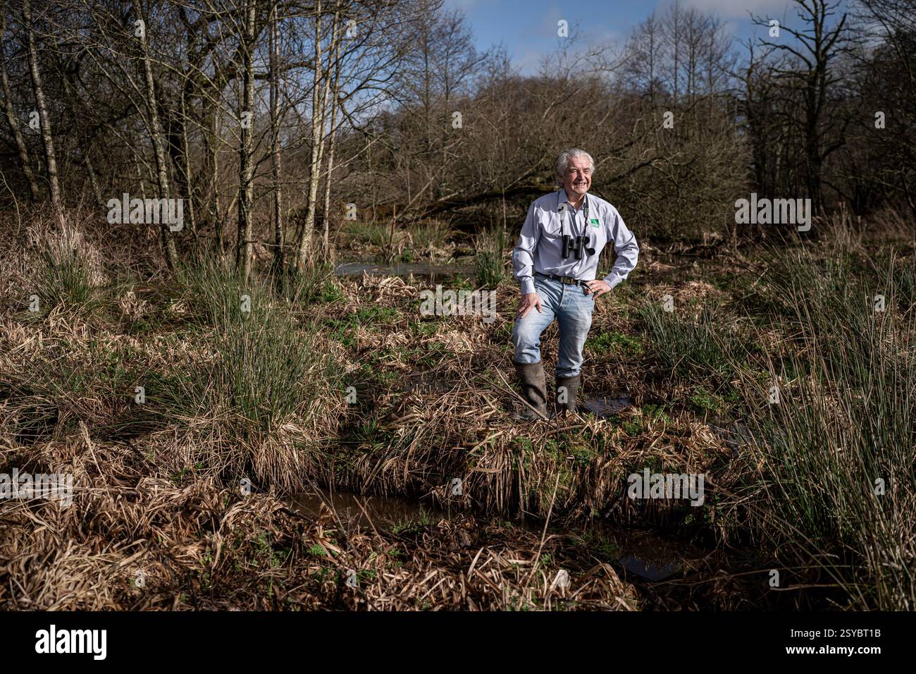 Natural England chairman, Tony Juniper, at the beaver wetlands area near Cullompton, Devon. The Government is giving the green light to wild releases of beavers in England, in a 'critical milestone' for efforts to restore nature. Picture date: Monday February 24, 2025. Stock Photo