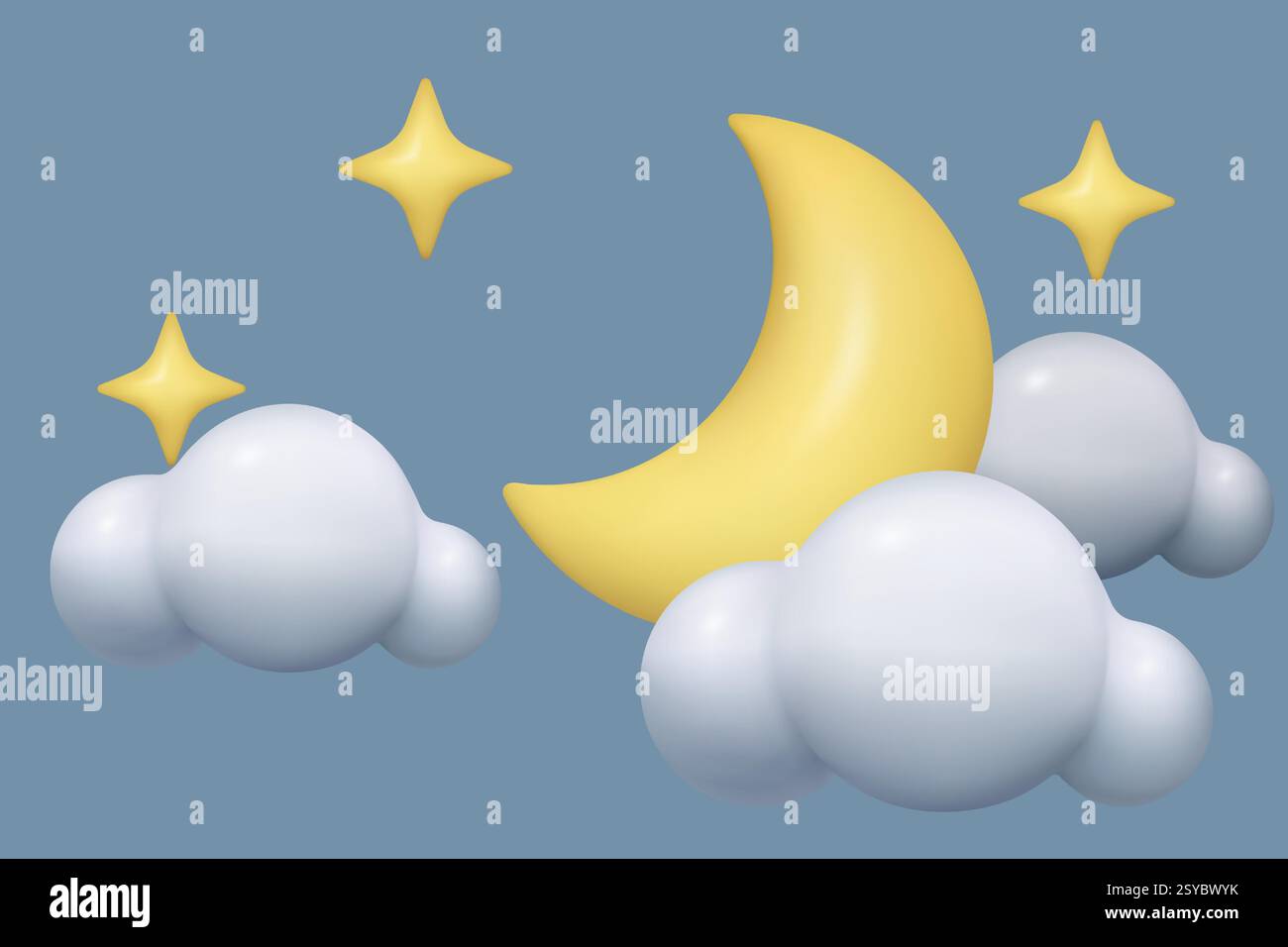 3d cloud moon stars realistic night weather icon plastic three dimensional toy vector illustration Stock Vector