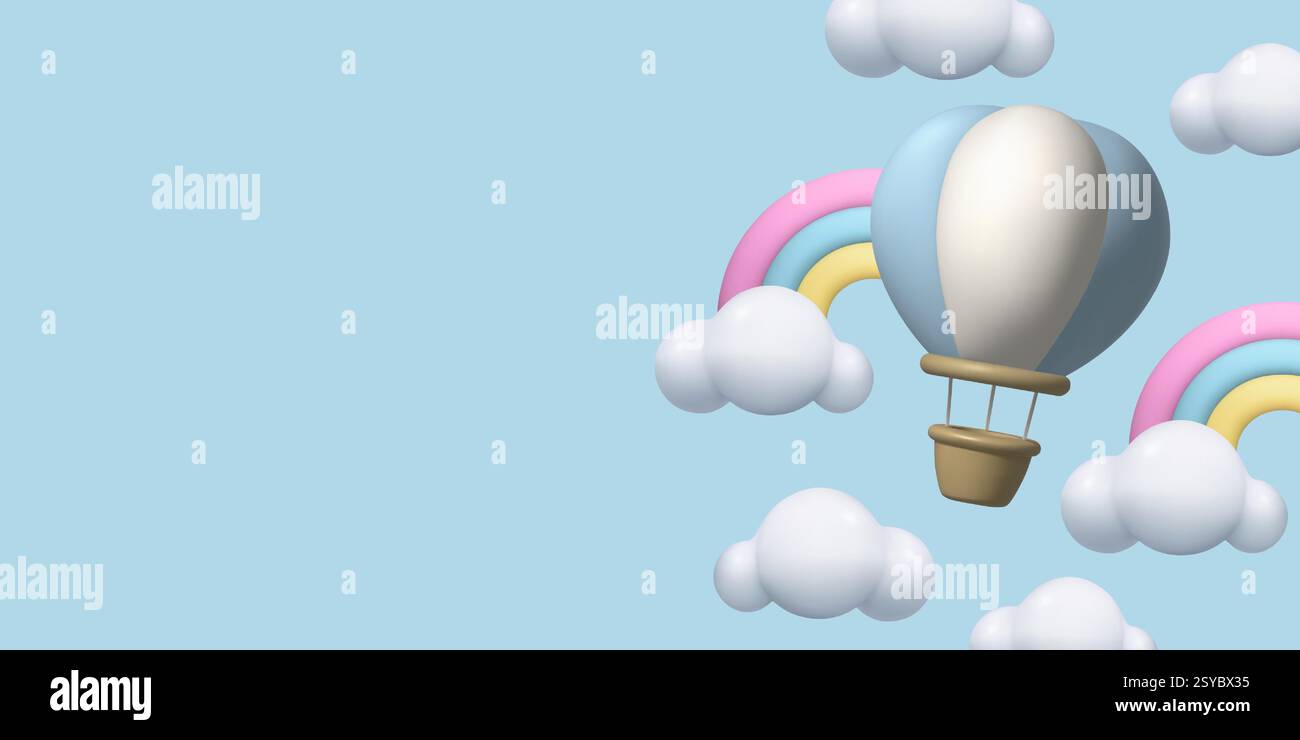 Flying 3d Hot Air Balloon clouds and rainbow cute 3d realistic clay ...