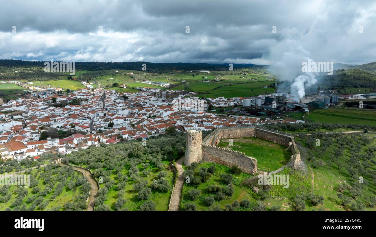 aerial view of the municipality of Alanís and its castle in the ...