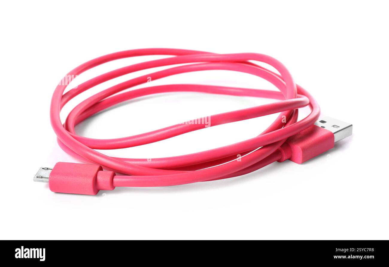 Pink USB charge cable isolated on white Stock Photo - Alamy