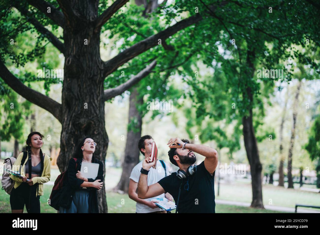 Multicultural students working on assignments in a serene park environment Stock Photo
