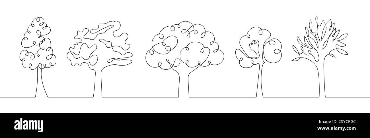 Minimalist continuous one line drawing of green trees on a white ...