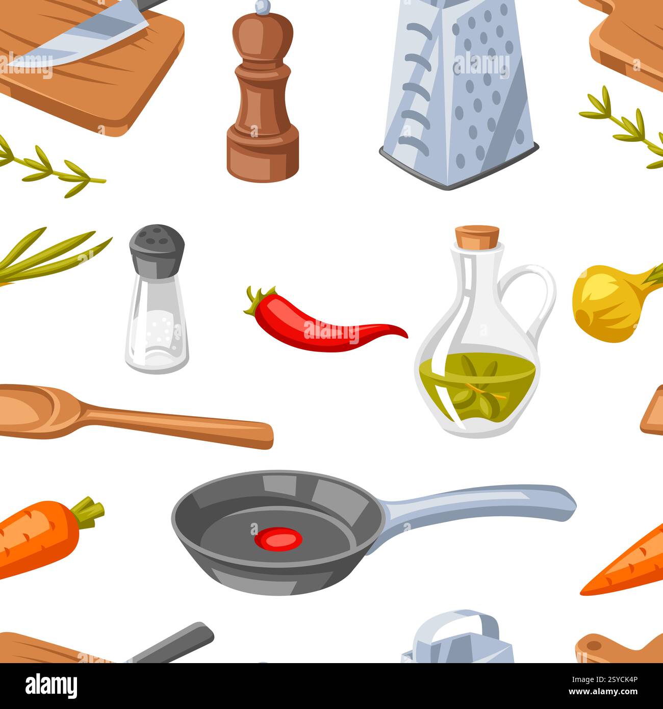 Pattern with kitchen utensils. Cooking tools for home and recipe items. Stock Vector
