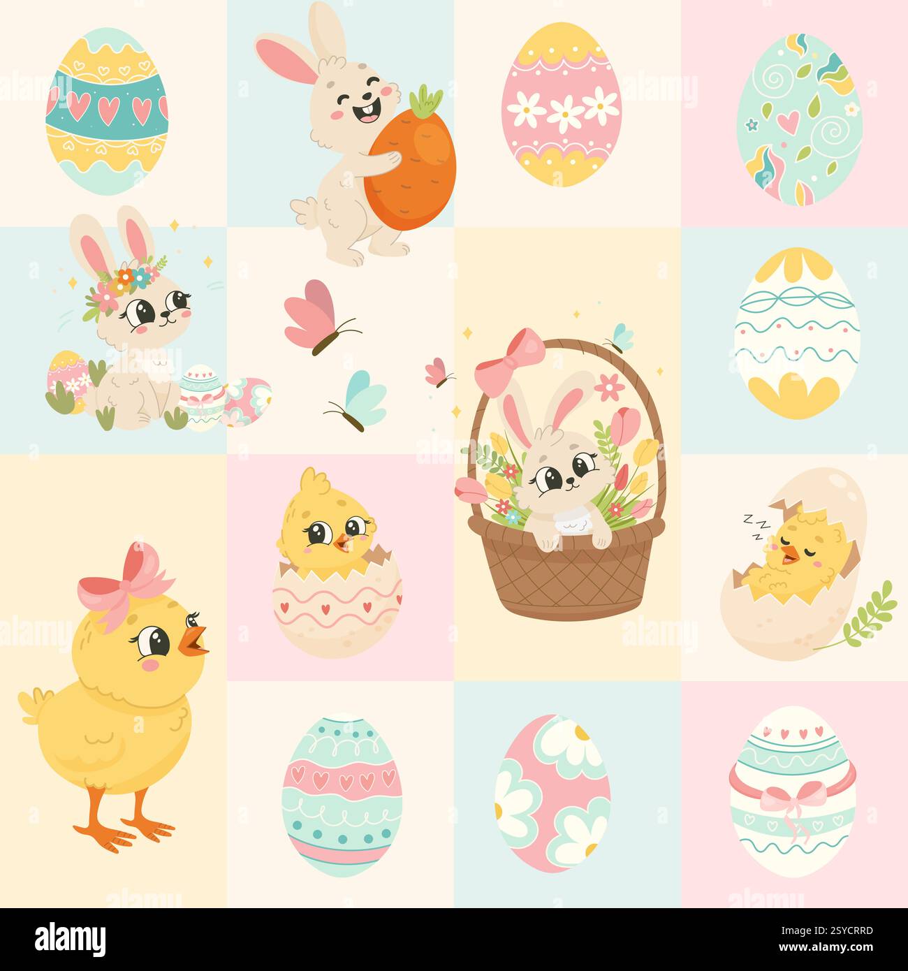 Adorable set of Easter bunnies, chickens, colorful eggs and spring flowers. Seamless pattern Stock Vector