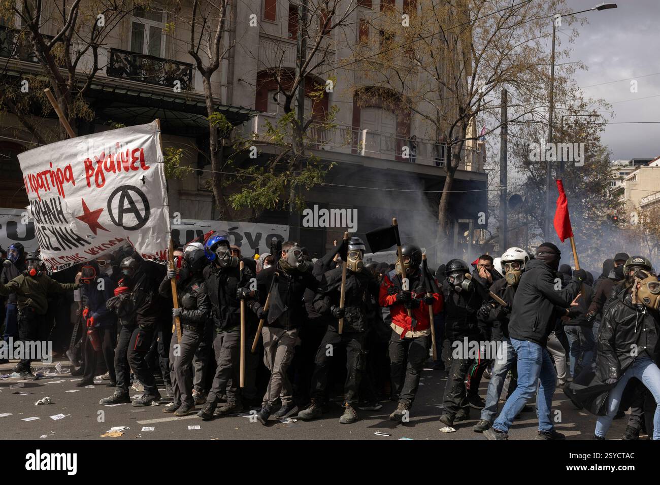 Athens Tempi Riots 28 February 2025, Greece, Ath: Participants in a demonstration gather ...