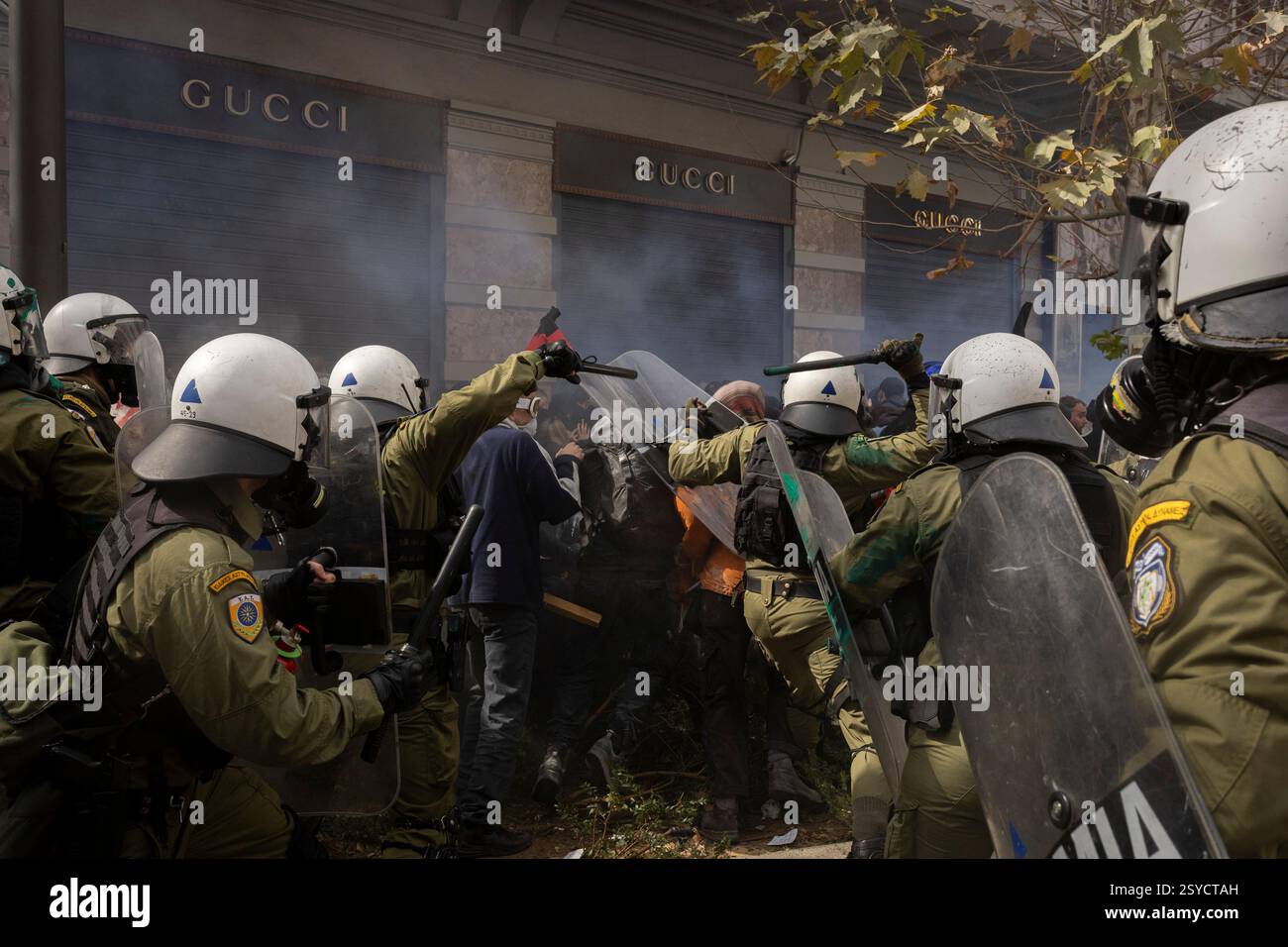 Athens Tempi Riots 28 February 2025, Greece, Ath: Demonstrators are detained by police in ...