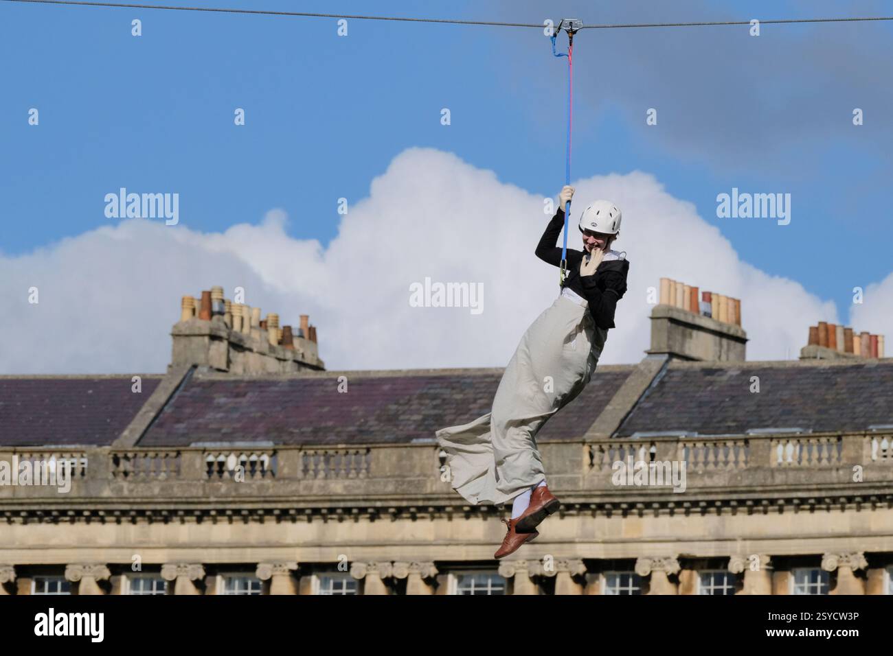 Bath, UK. 28th Feb, 2025. Jane Austen on the zip line. A charity zip ...