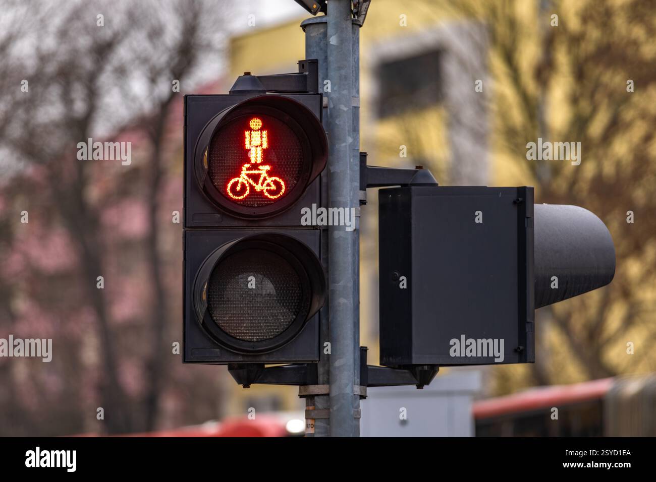 Traffic lights at pedestrian crossing, red light, green light, danger on the road, traffic light on a pole, Stock Photo