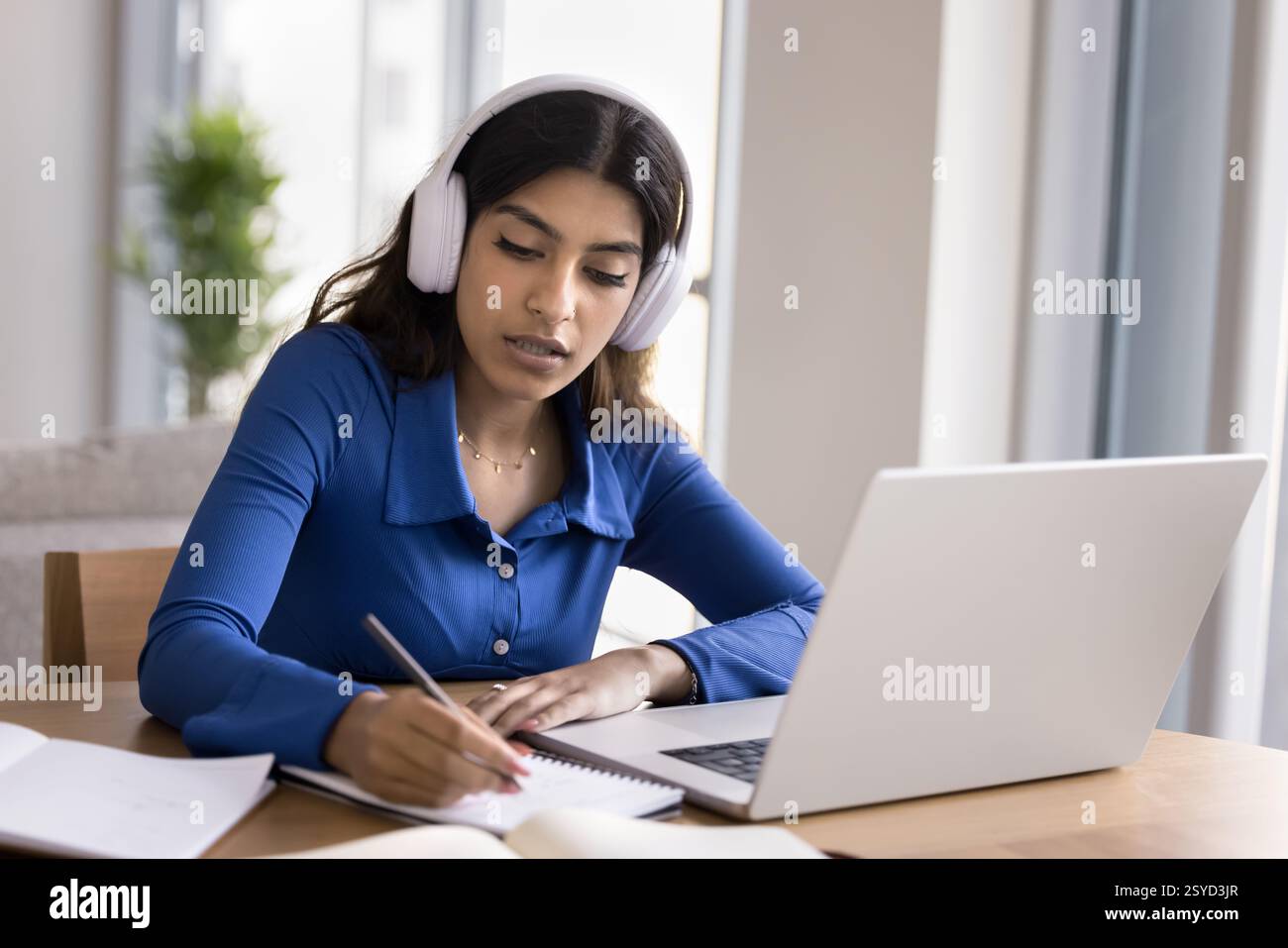 Student making assignment, studying at home using laptop Stock Photo