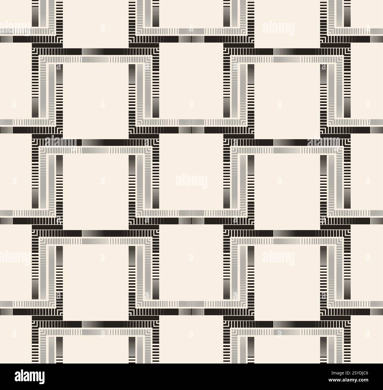 Black grey striped squares seamless pattern on beige background. Complex controur. Wave square pattern. Stock Vector